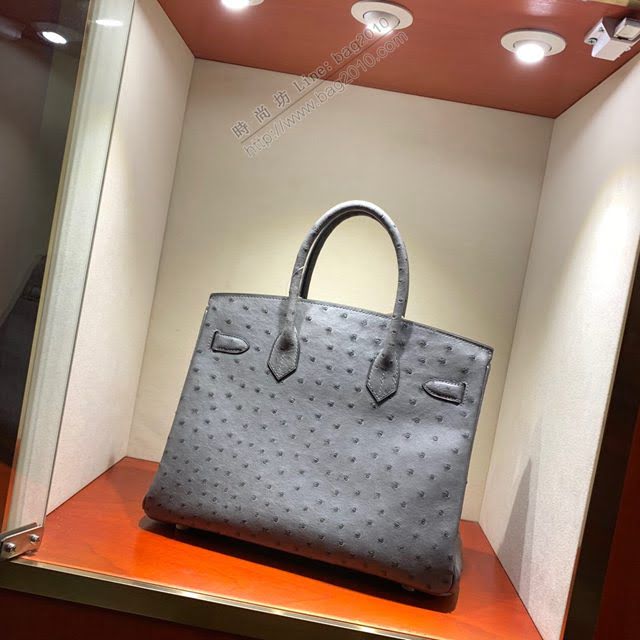 Hermes女包 愛馬仕Birkin30cm Hermes鉑金包 Ostrich鴕鳥皮 全手縫蠟線 8F Etain錫器灰  am1906